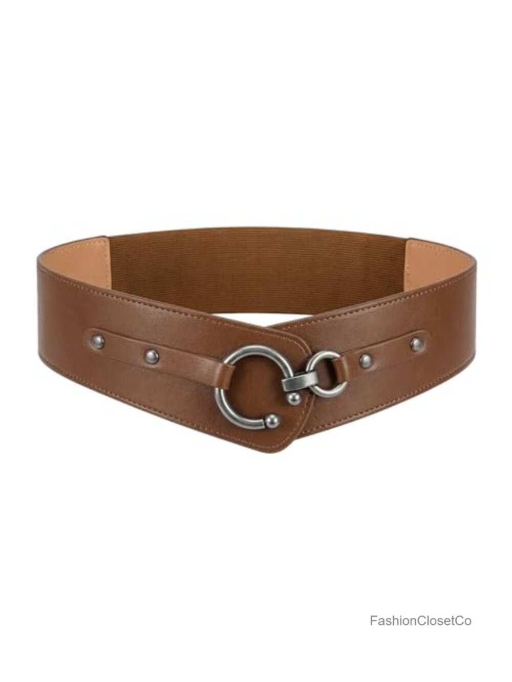Wide Faux Leather Elastic Waist Belt with O-Ring Hook Closure
